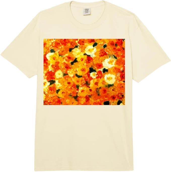 Exclusive Floral T Shirt by John Richard Hewitt Fine Art featuring bright Nepalese marigolds.